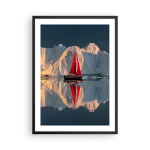Plagát v čiernom ráme - Červená plachta lode na pozadí ľadovcov a pokojnej vody - 50x70cm - Na okraji sveta - Moderná nástenná dekorácia do obývacej izby a spálne ARTTOR