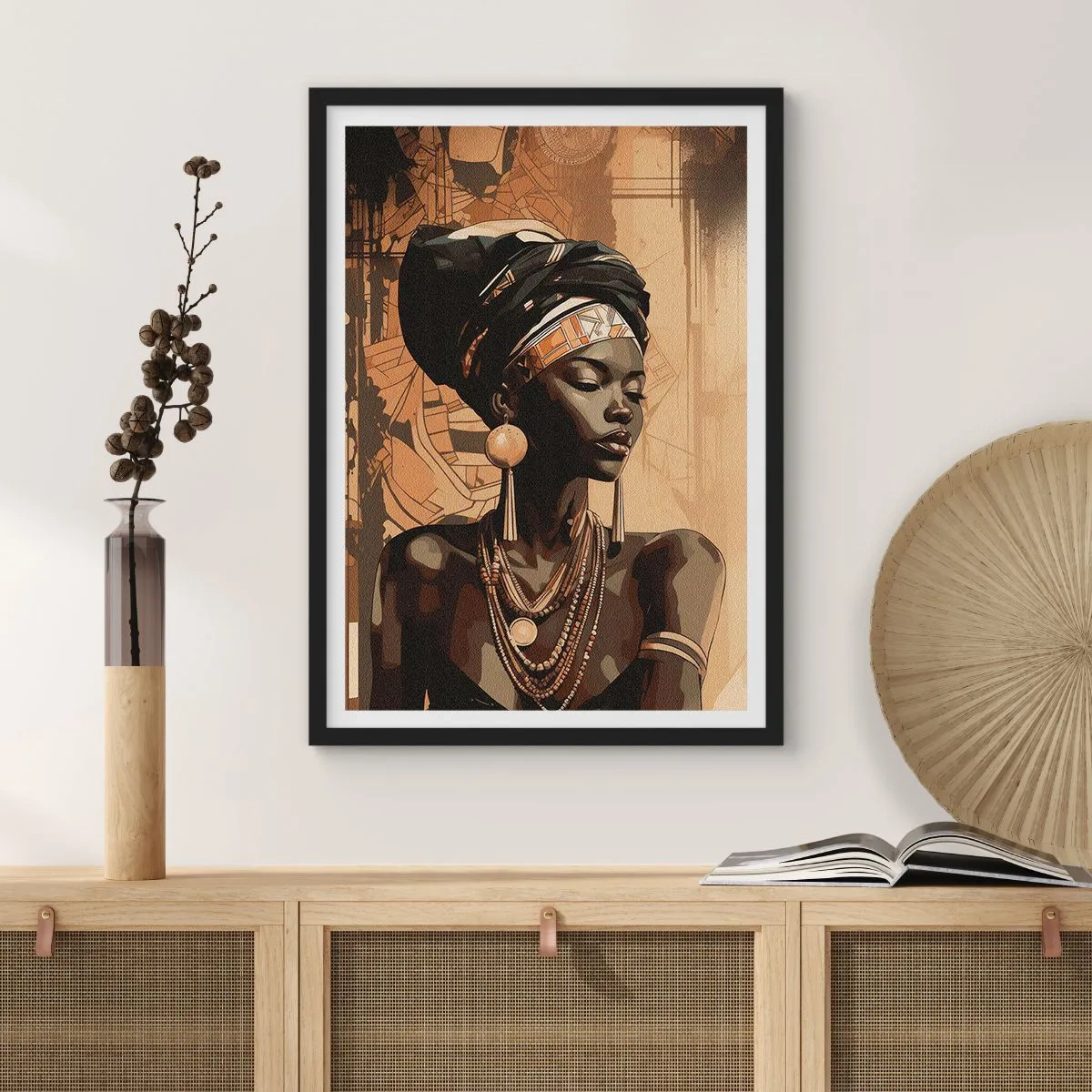 Plagát v čiernom ráme - Portrét africkej ženy s tradičnými ornamentmi - 50x70cm - Africký majestát - Moderná nástenná dekorácia do obývacej izby a spálne ARTTOR