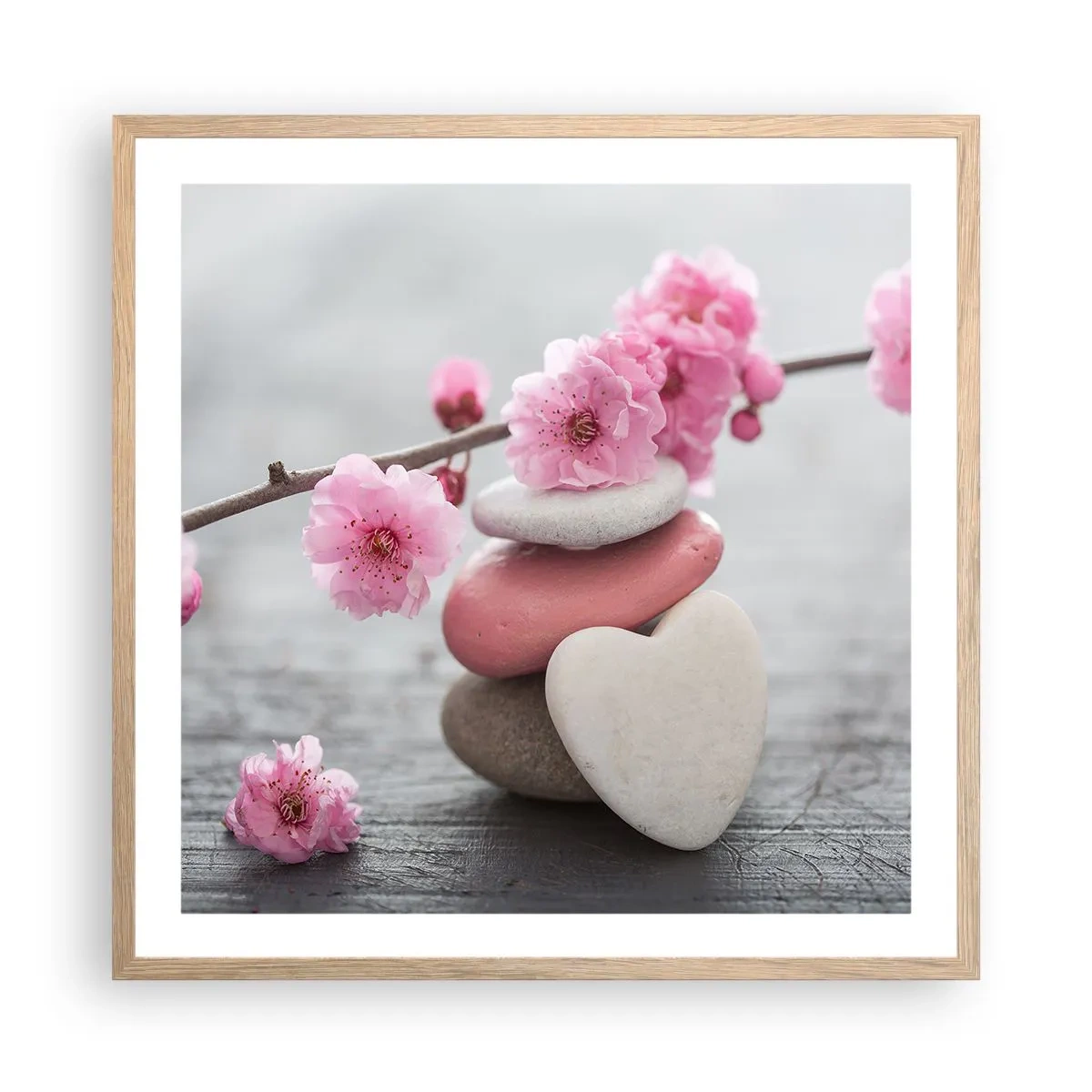 Plagát v ráme zo svetlého duba - Blaženosť s višňovým kvetom - 60x60 cm