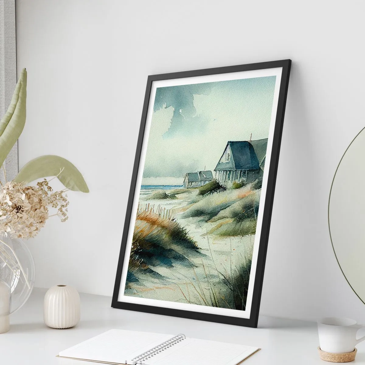 Plagát v čiernom ráme - Akvarelový plážový dom s výhľadom na more - 50x70cm - Ďaleko od zhonu - Moderná nástenná dekorácia do obývacej izby a spálne ARTTOR
