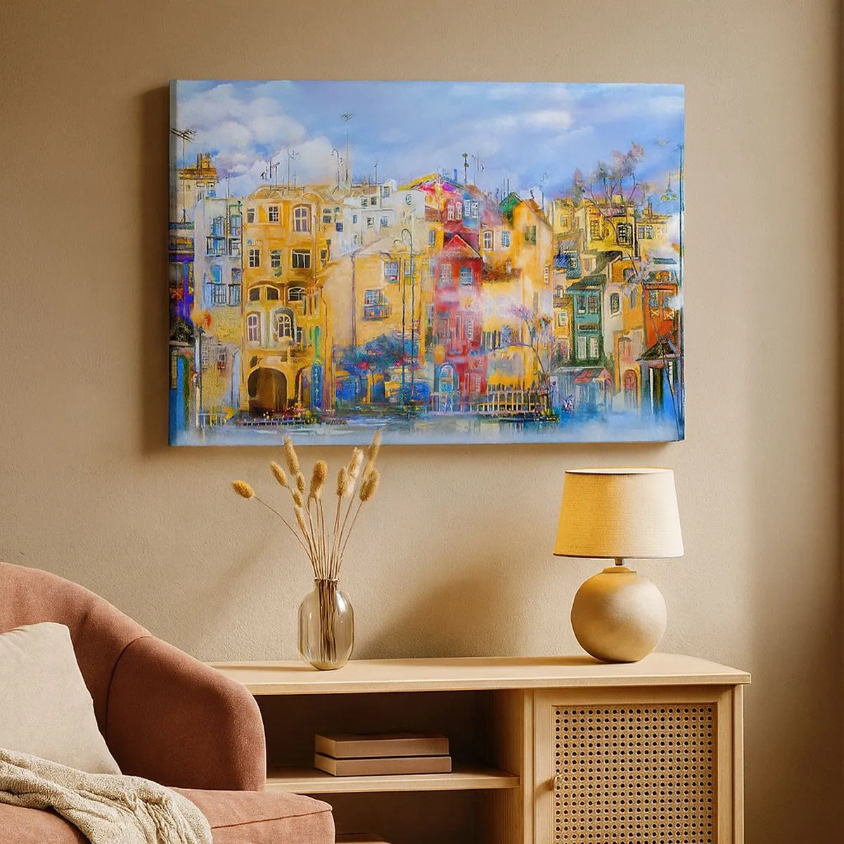 Obraz na plátne - Farebné mestské budovy v umeleckom štýle - 70x50cm - Sme spolu - Moderná nástenná dekorácia do obývacej izby a spálne ARTTOR