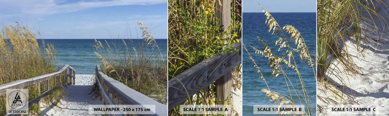 Vzorka samolepiacej fototapety Deluxe Sticker - Na slnku, vo vetre - Krajina, Morská duna, More - 100x30 cm