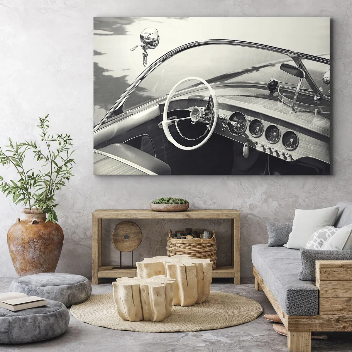 Obraz na plátne - Interiér klasického auta v monochromatickom štýle - 70x50cm - Počasie pre bohatých - Moderná nástenná dekorácia do obývacej izby a spálne ARTTOR