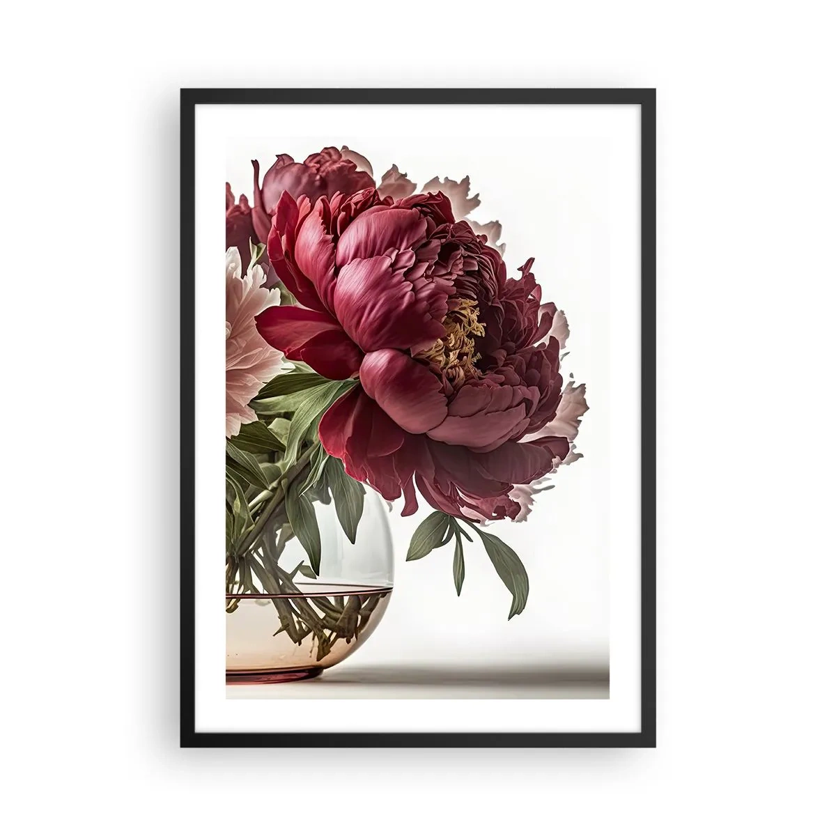 Plagát v čiernom ráme - Červené pivonky v sklenenej váze na bielom pozadí - 50x70cm - V plnom rozkvete krásy - Moderná nástenná dekorácia do obývacej izby a spálne ARTTOR