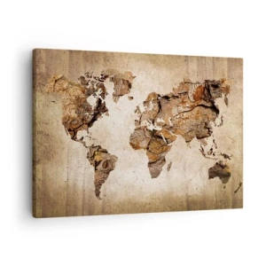 Obraz na plátne - Mapa sveta v drevenom, rustikálnom štýle - 70x50cm - Objav sveta - Moderná nástenná dekorácia do obývacej izby a spálne ARTTOR