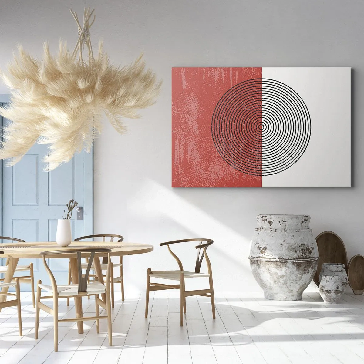 Obraz na plátne - Geometrický vzor so sústrednými kruhmi na červeno-bielom pozadí - 70x50cm - Presný zásah - Moderná nástenná dekorácia do obývacej izby a spálne ARTTOR