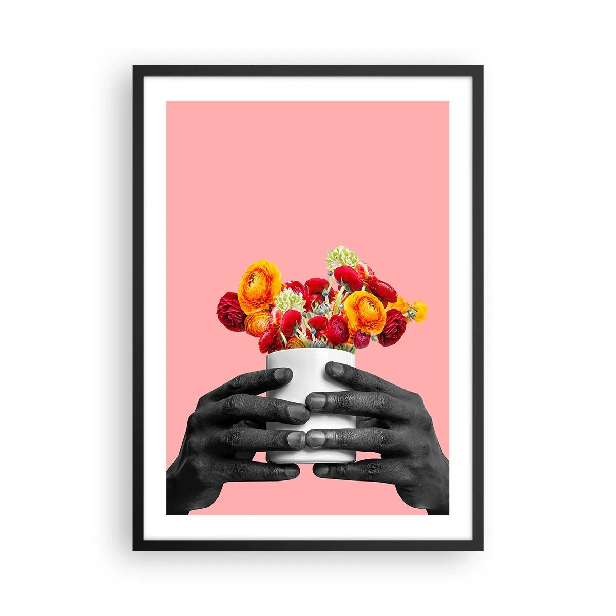 Plagát v čiernom ráme - Čierne ruky držiace kyticu kvetov na ružovom pozadí - 50x70cm - Apoteóza života - Moderná nástenná dekorácia do obývacej izby a spálne ARTTOR