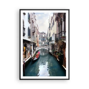 Plagát v čiernom ráme - Benátska krajina s gondolou a mostíkom - 70x100 cm