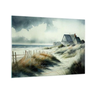 Obraz na skle - Domy na plážových dunách pod zamračenou oblohou - 70x50cm - Ďaleko od zhonu - Moderná nástenná dekorácia do obývacej izby a spálne ARTTOR