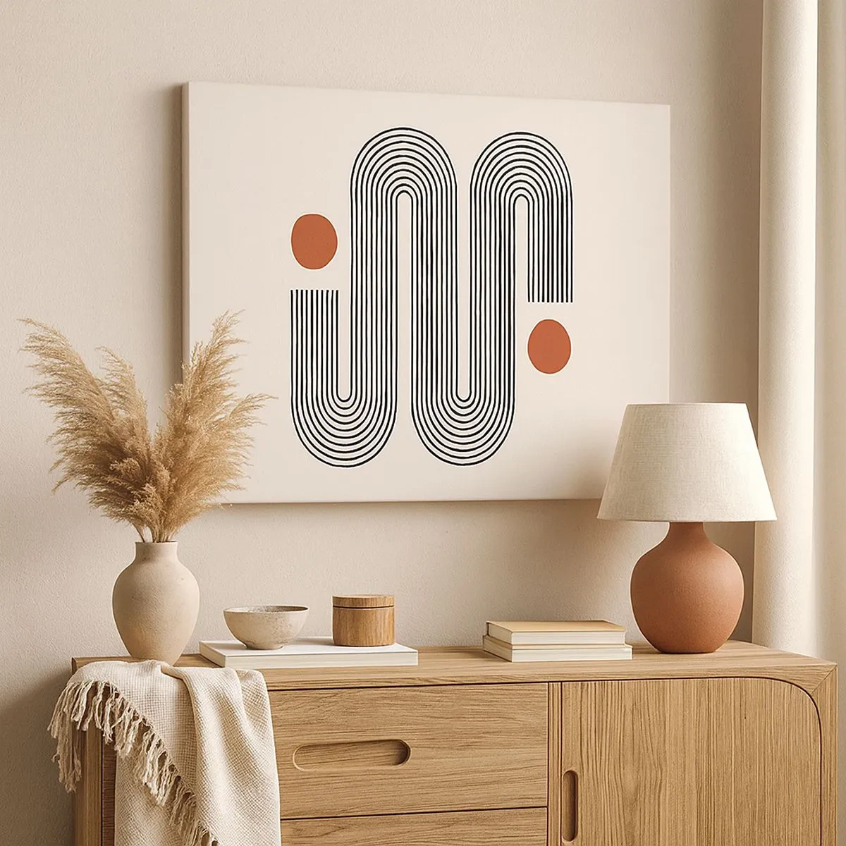 Obraz na plátne - Geometrický vzor s čiarami a oranžovými kruhmi - 70x50cm - Od začiatku do konca - Moderná nástenná dekorácia do obývacej izby a spálne ARTTOR