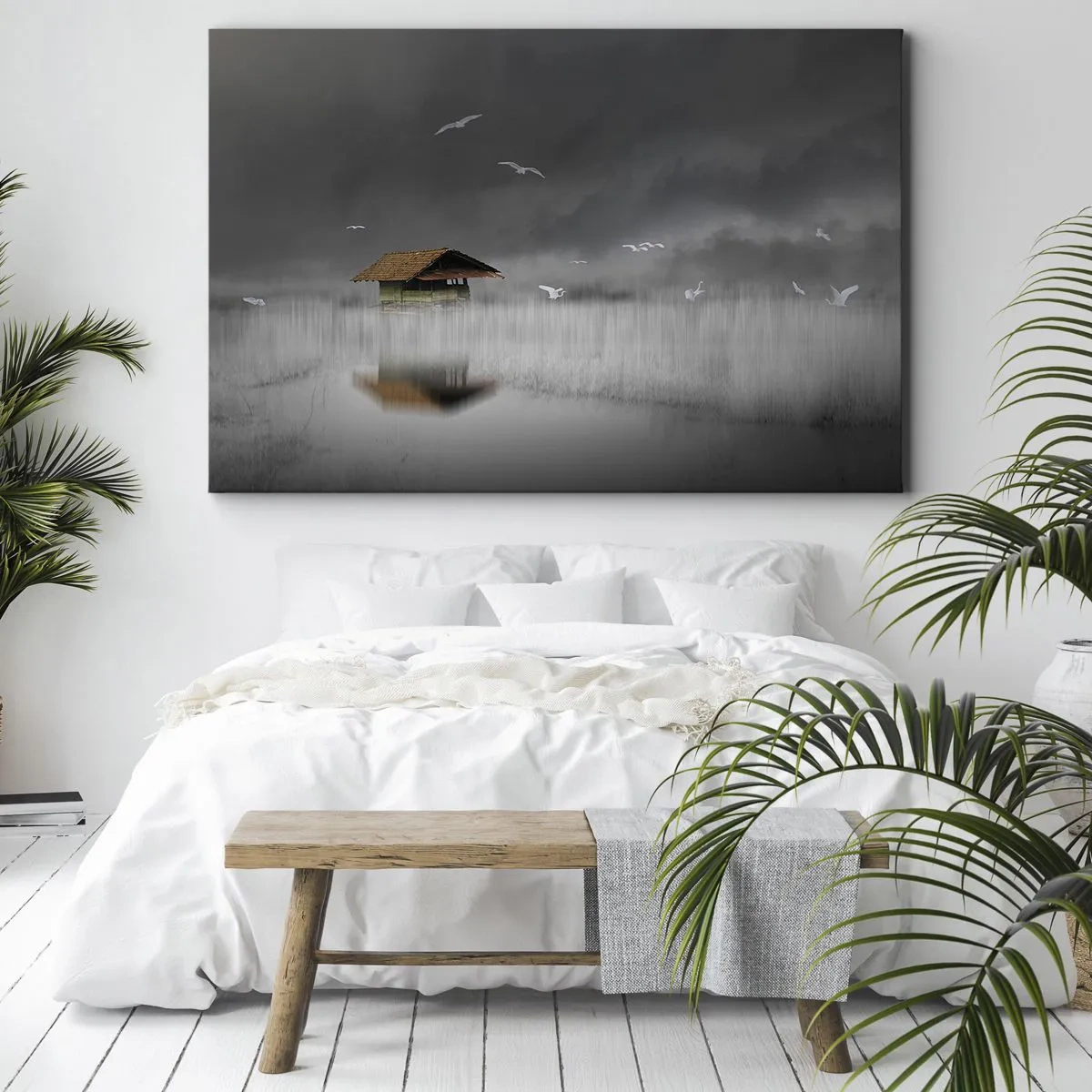 Obraz na plátne - Osamelá chata pri vode obklopená hmlou a vtákmi - 70x50cm - Úkryt pred dažďom - Moderná nástenná dekorácia do obývacej izby a spálne ARTTOR