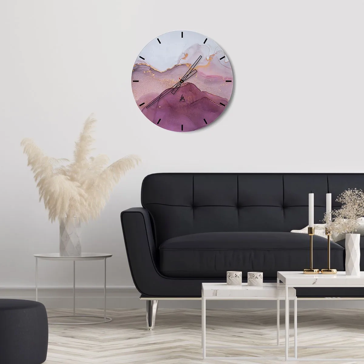 Nástenné hodiny - Abstraktné vlny v odtieňoch lila, fialovej a zlatej - 30x30cm - Fialové a ľalové vlny - Moderná nástenná dekorácia do obývacej izby, kuchyne a spálne ARTTOR