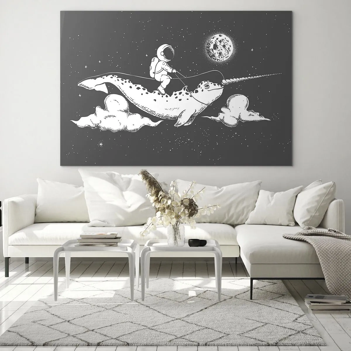 Obraz na skle - Astronaut jazdiaci na narvale vo vesmírnom prostredí - 70x50cm - Vesmírny jazdec - Moderná nástenná dekorácia do obývacej izby a spálne ARTTOR