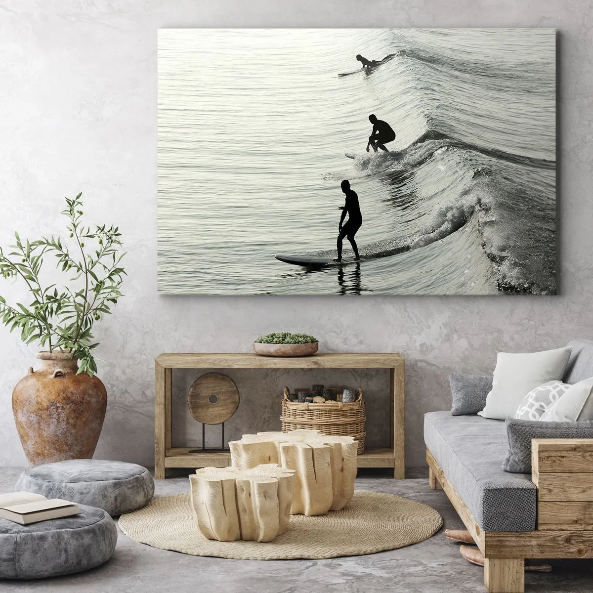 Obraz na plátne - Surferi na vlnách v monochromatickej snímke - 70x50cm - Vlne v ústrety - Moderná nástenná dekorácia do obývacej izby a spálne ARTTOR