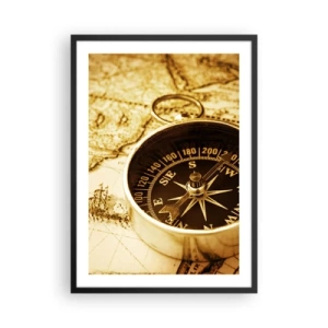 Plagát v čiernom ráme - Kompas na sépiovo zafarbenom pozadí mapy - 50x70cm - Na východ alebo na západ? - Moderná nástenná dekorácia do obývacej izby a spálne ARTTOR