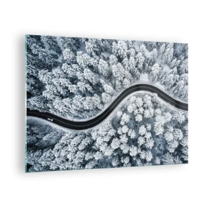 Obraz na skle - Kľukatá cesta cez zimný les videná z dronu - 70x50cm - Zimným lesom - Moderná nástenná dekorácia do obývacej izby a spálne ARTTOR