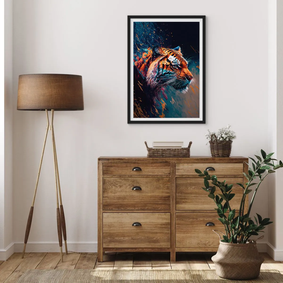 Plagát v čiernom ráme - Dynamický portrét tigra v umeleckom štýle - 50x70cm - Divoká krása - Moderná nástenná dekorácia do obývacej izby a spálne ARTTOR