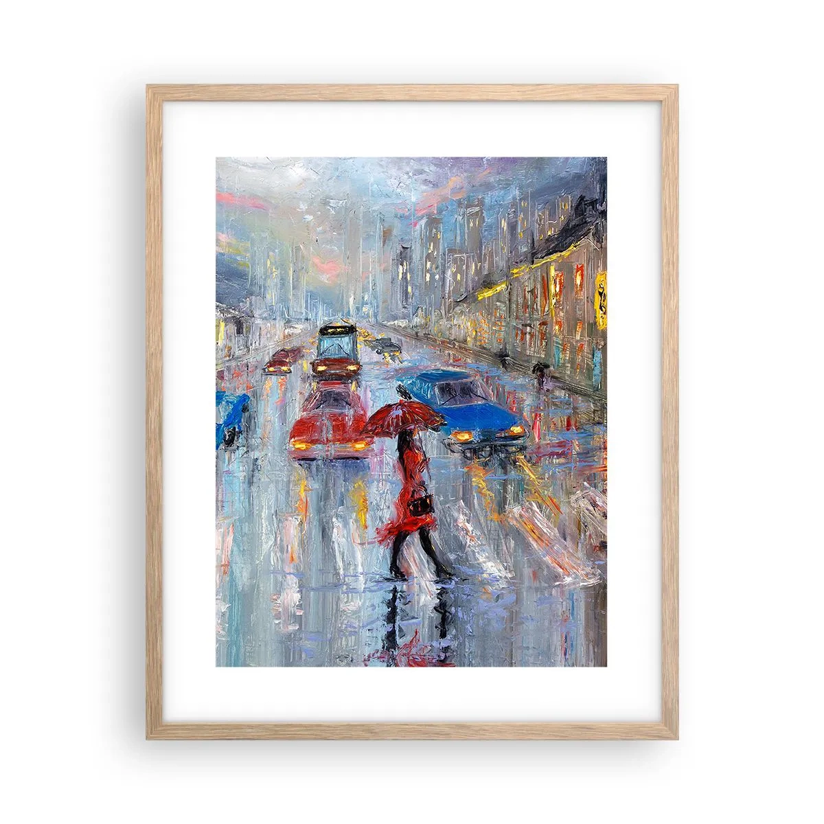 Plagát v ráme zo svetlého duba - Daždivé popoludnie v meste - 40x50 cm