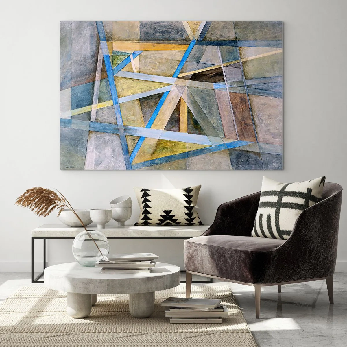 Obraz na skle - Abstraktná kompozícia s geometrickými tvarmi - 70x50cm - Priamo alebo diagonálne? - Moderná nástenná dekorácia do obývacej izby a spálne ARTTOR