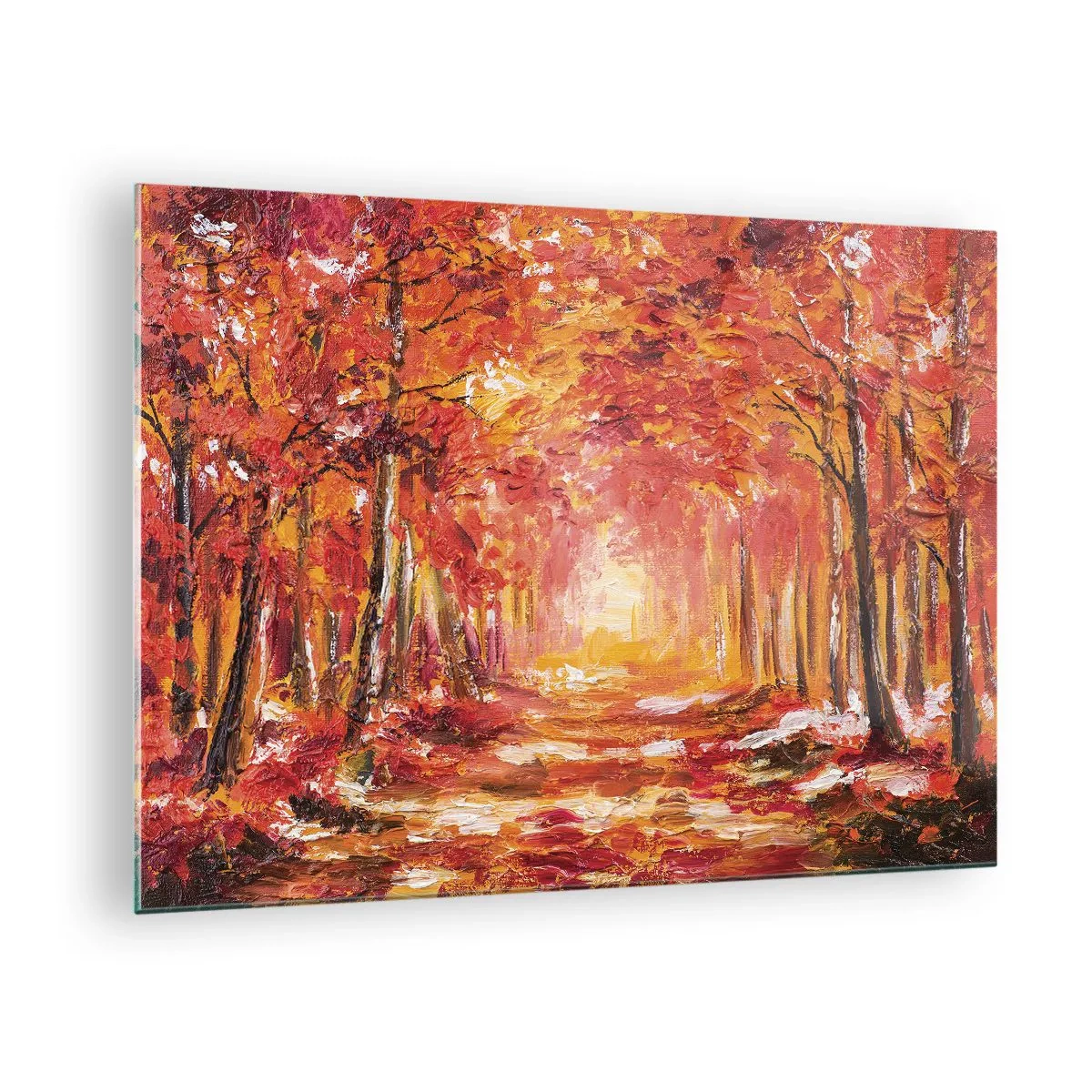 Obraz na skle - Jesenná krajina so stromami v teplých farbách - 70x50cm - Medený les - Moderná nástenná dekorácia do obývacej izby a spálne ARTTOR