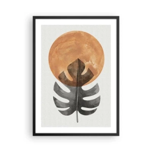 Plagát v čiernom ráme - List monstery na pozadí teplého oranžového kruhu - 50x70cm - Vždy slnko - Moderná nástenná dekorácia do obývacej izby a spálne ARTTOR