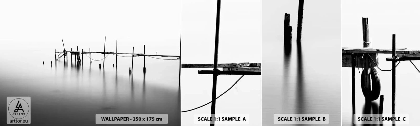 Vzorka samolepiacej fototapety Deluxe Sticker - A čo keď svet nie je? - Krajina, Drevený most, Čierna a biela - 100x30 cm
