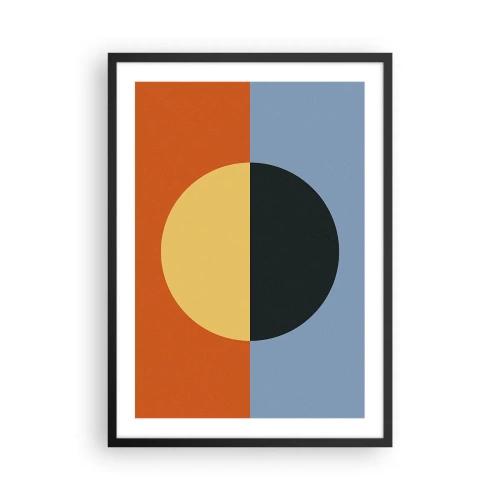Plagát v čiernom ráme - Geometrická kompozícia s kruhom a kontrastnými farbami - 50x70cm - Kompozícia tepla a chladu - Moderná nástenná dekorácia do obývacej izby a spálne ARTTOR