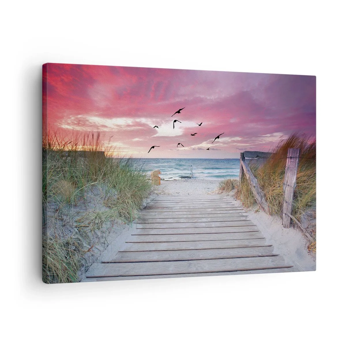 Obraz na plátne - Drevený chodník na pláži pri ružovom západe slnka - 70x50cm - Baltská impresia - Moderná nástenná dekorácia do obývacej izby a spálne ARTTOR