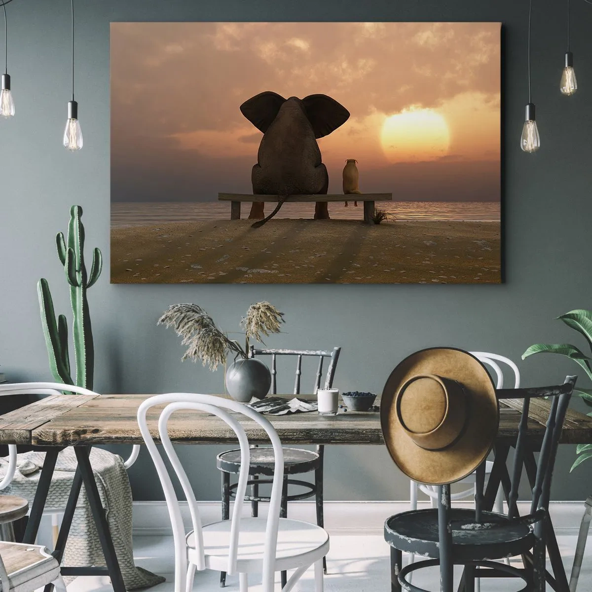 Obraz na plátne - Slon a pes sedia na lavičke na pláži počas západu slnka. - 70x50cm - Je skvelé spolu mlčať - Moderná nástenná dekorácia do obývacej izby a spálne ARTTOR