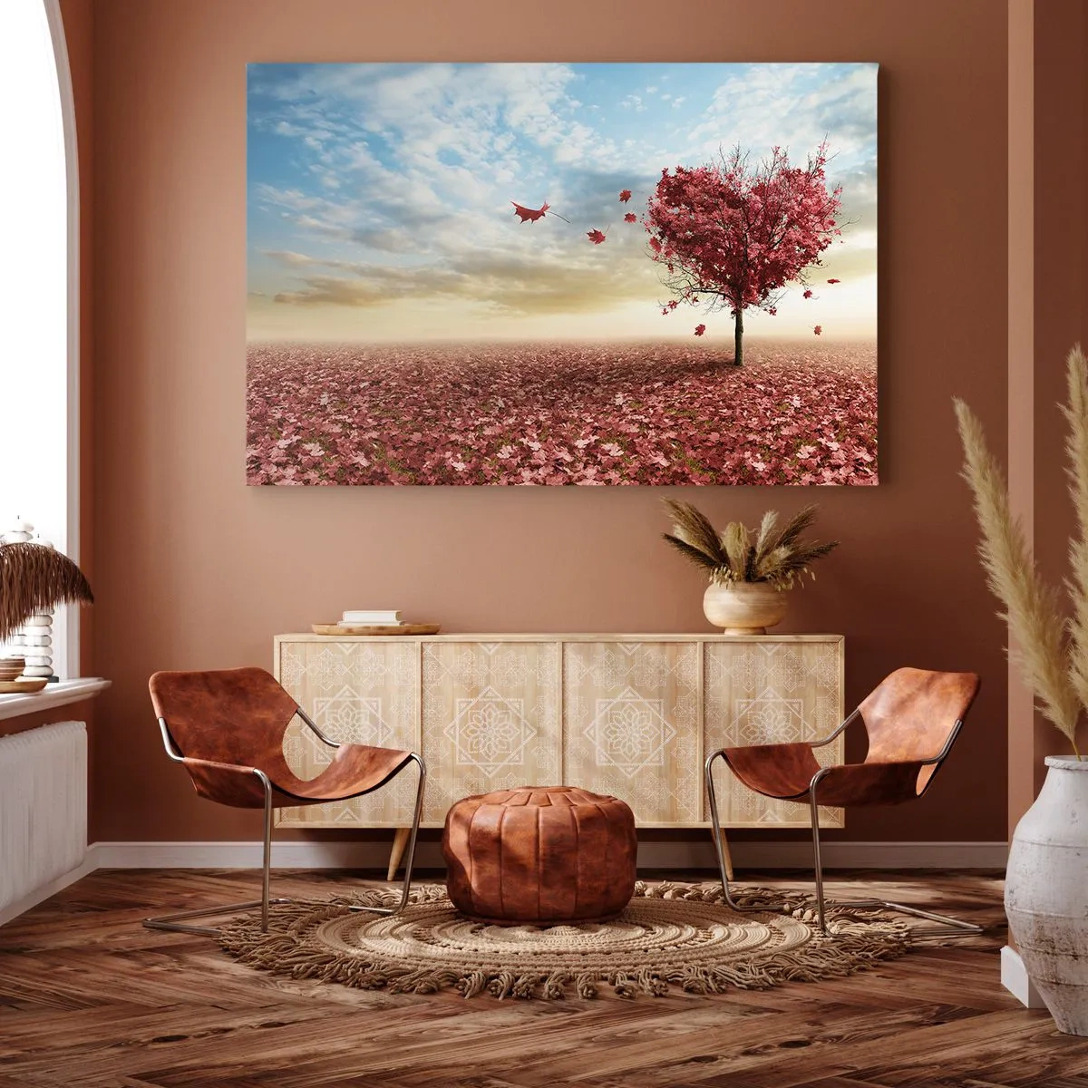 Obraz na plátne - Osamelý strom v tvare srdca v poli červených listov - 70x50cm - Zamilujte si tiež jeseň - Moderná nástenná dekorácia do obývacej izby a spálne ARTTOR