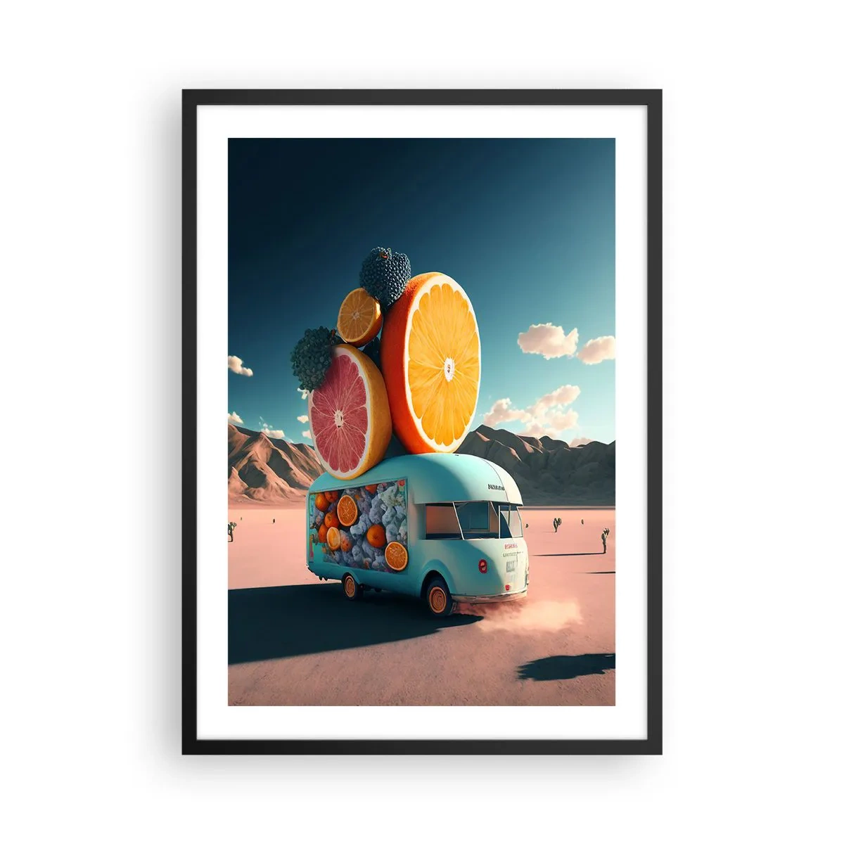 Plagát v čiernom ráme - Luxusný ovocný kamión v púšti - 50x70cm - Chuť prázdnin - Moderná nástenná dekorácia do obývacej izby a spálne ARTTOR