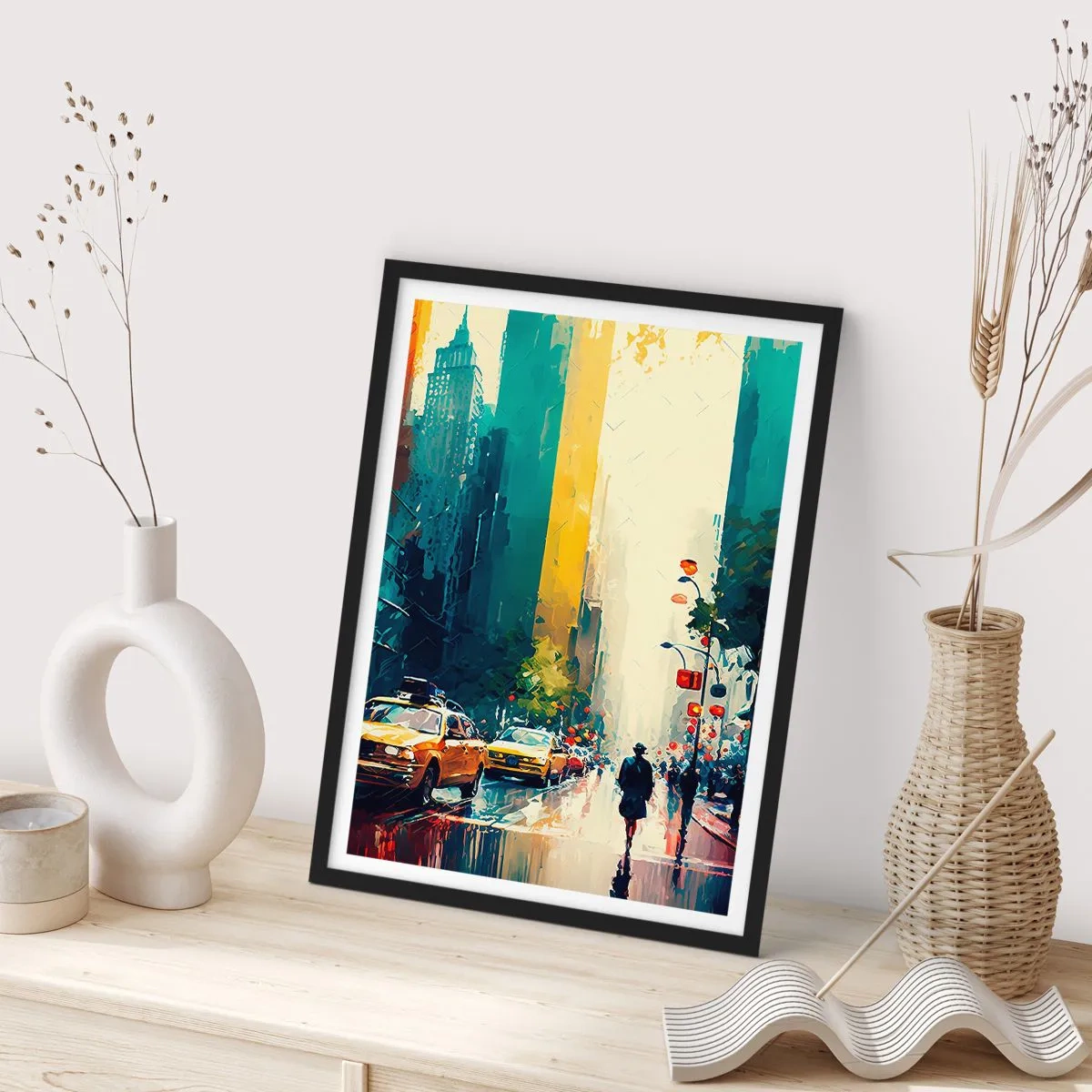 Plagát v čiernom ráme - Farebná ulica veľkého mesta so žltými taxíkmi - 50x70cm - New York – tu je aj dážď farebný - Moderná nástenná dekorácia do obývacej izby a spálne ARTTOR