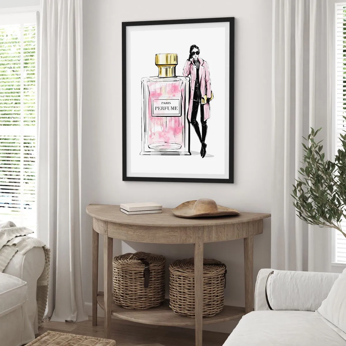 Plagát v čiernom ráme - Elegantná fľaštička na parfum so siluetou štýlovej ženy - 50x70cm - Parížska zmyselnosť - Moderná nástenná dekorácia do obývacej izby a spálne ARTTOR