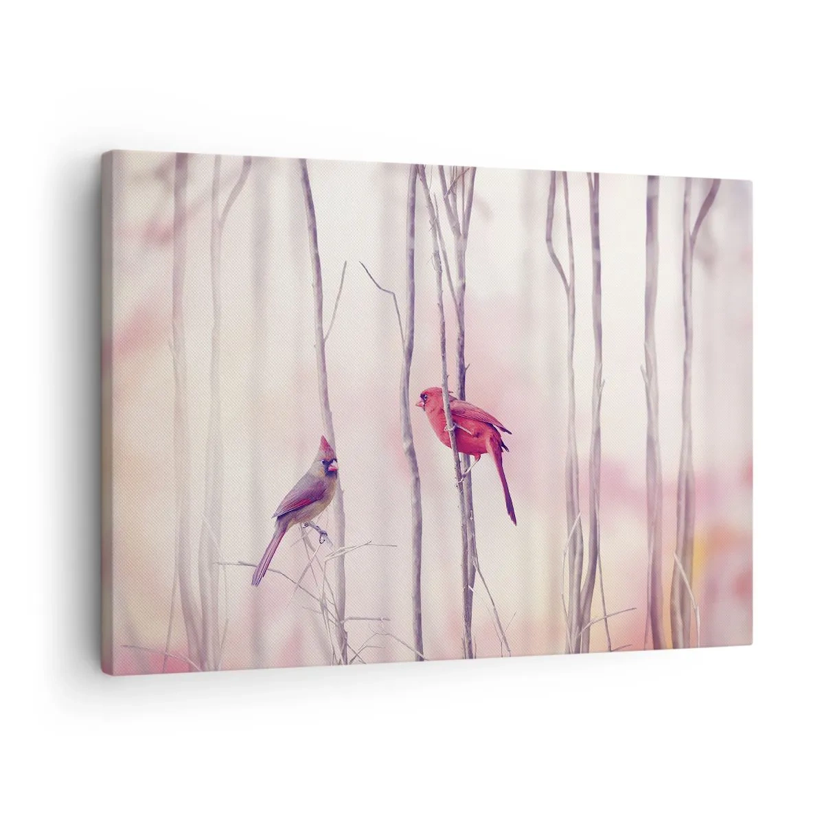 Obraz na plátne - Pár kardinálov sediacich na konároch v pastelovej krajine - 70x50cm - Príbeh ružového lesa - Moderná nástenná dekorácia do obývacej izby a spálne ARTTOR