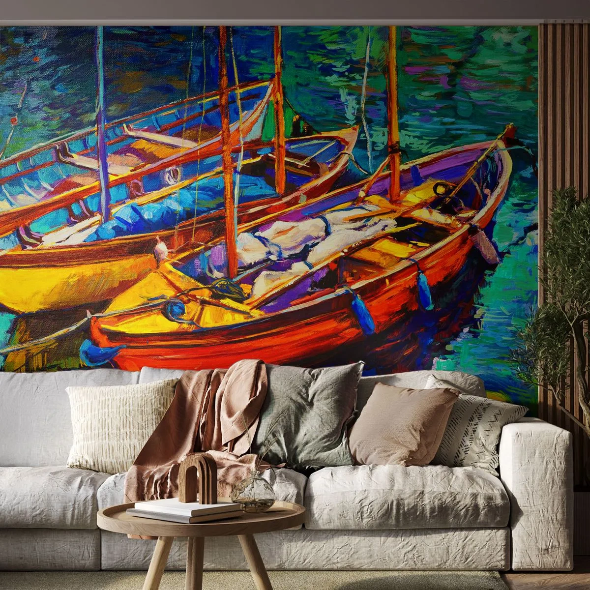 Fototapeta Premium Canvas - Na vode hustej od farieb - Łódź, Plachetnica, More - 250x175 cm