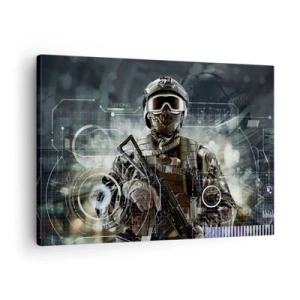 Obraz na plátne - Vojak vo futuristickej prilbe so zbraňou v pozadí technológie. - 70x50cm - Ešte väčšia sila - Moderná nástenná dekorácia do obývacej izby a spálne ARTTOR