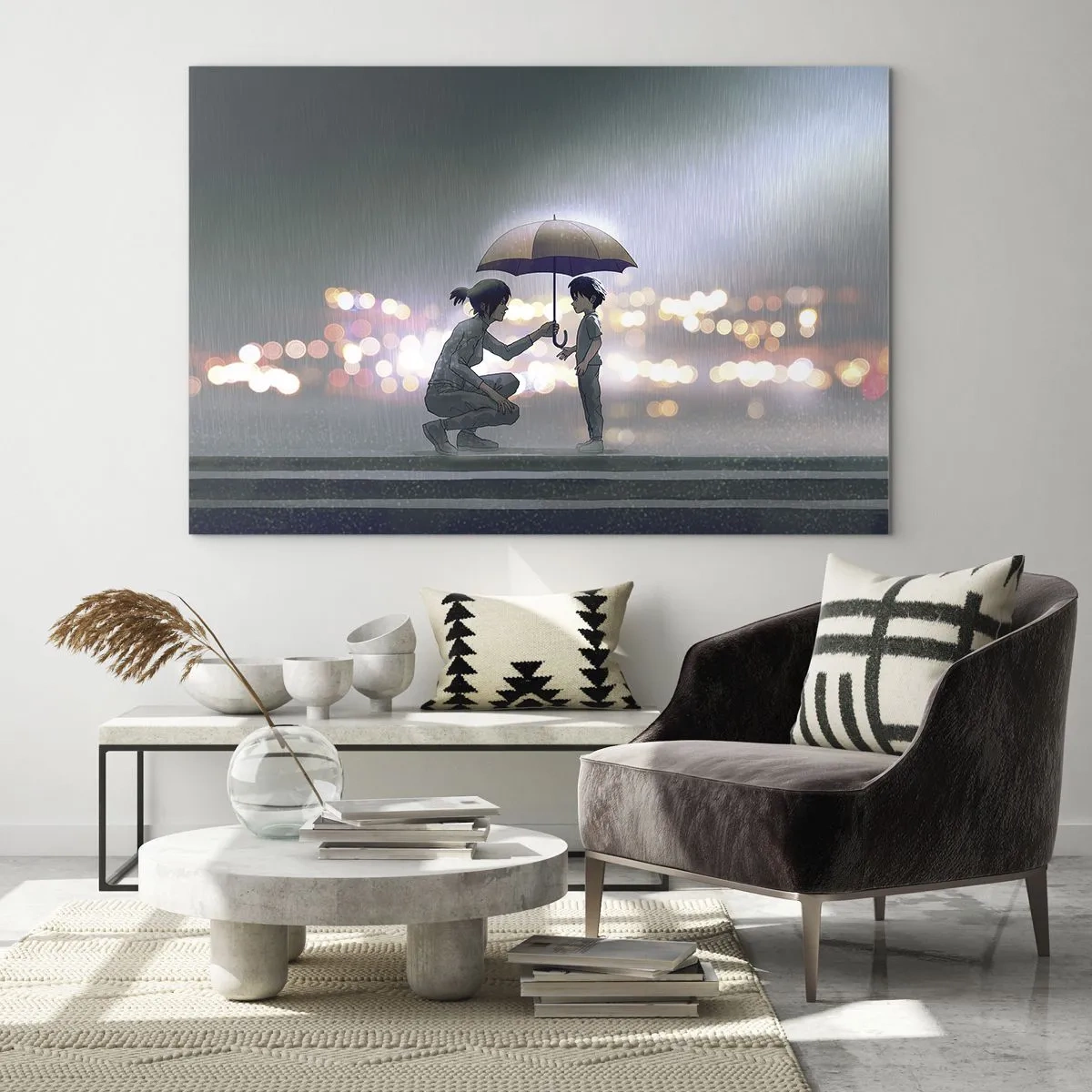 Obraz na skle - Postavy v daždi s dáždnikmi na pozadí nočných svetiel - 70x50cm - A všetko je v poriadku - Moderná nástenná dekorácia do obývacej izby a spálne ARTTOR