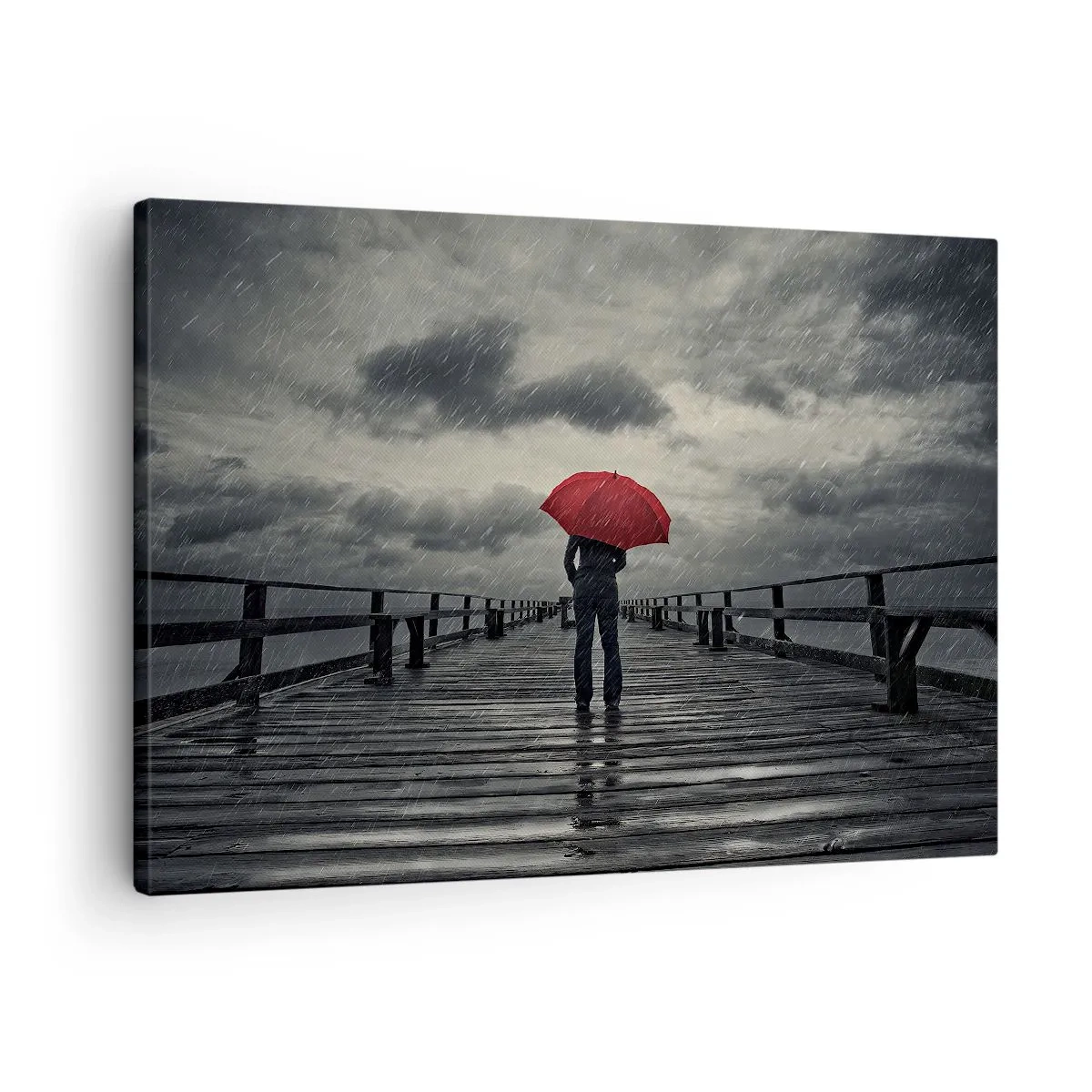 Obraz na plátne - Osoba s červeným dáždnikom na daždivom móle - 70x50cm - Nevadí, že prší - Moderná nástenná dekorácia do obývacej izby a spálne ARTTOR