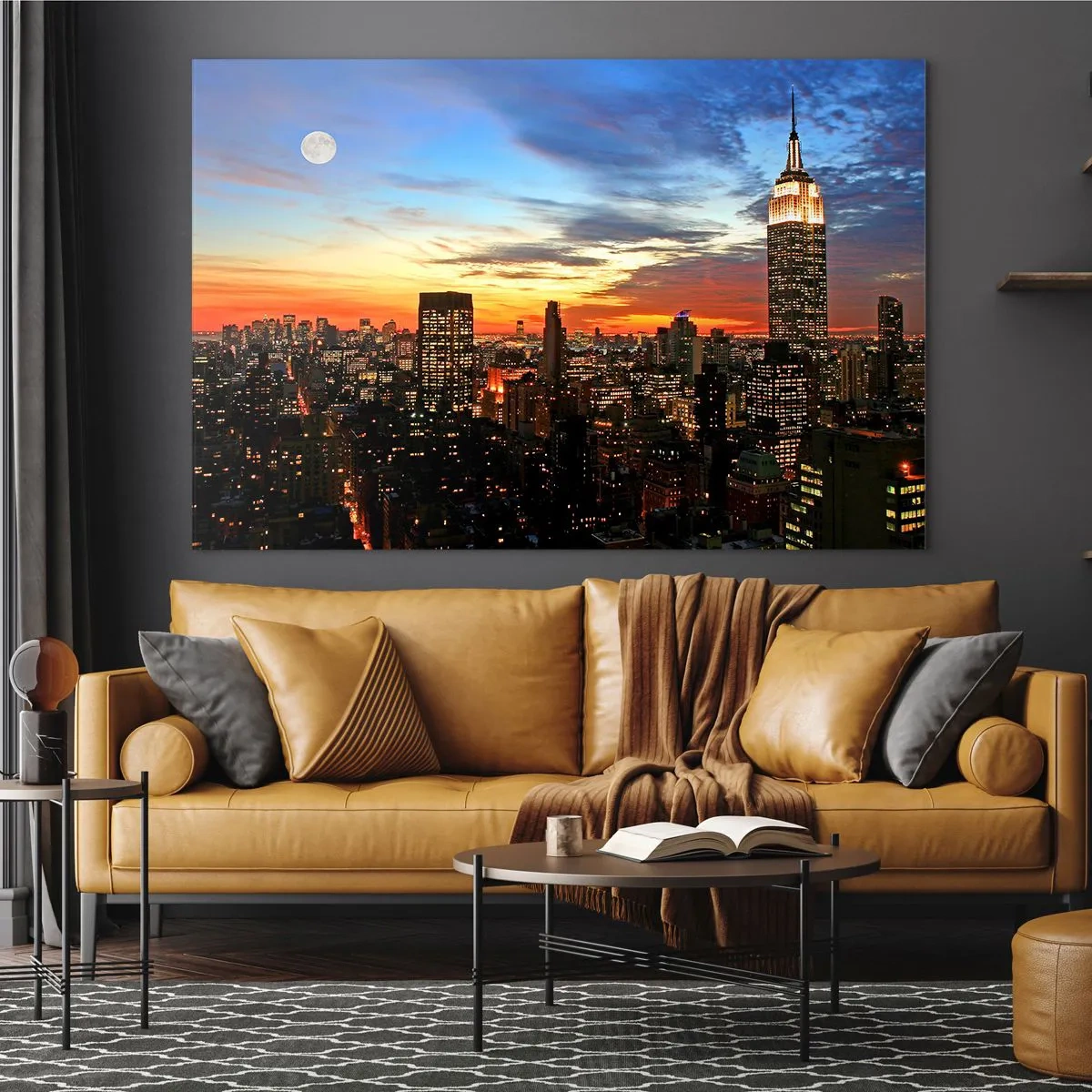 Obraz na skle - Nočná panoráma mesta s osvetlenými budovami - 70x50cm - Žiarivá americká noc  - Moderná nástenná dekorácia do obývacej izby a spálne ARTTOR