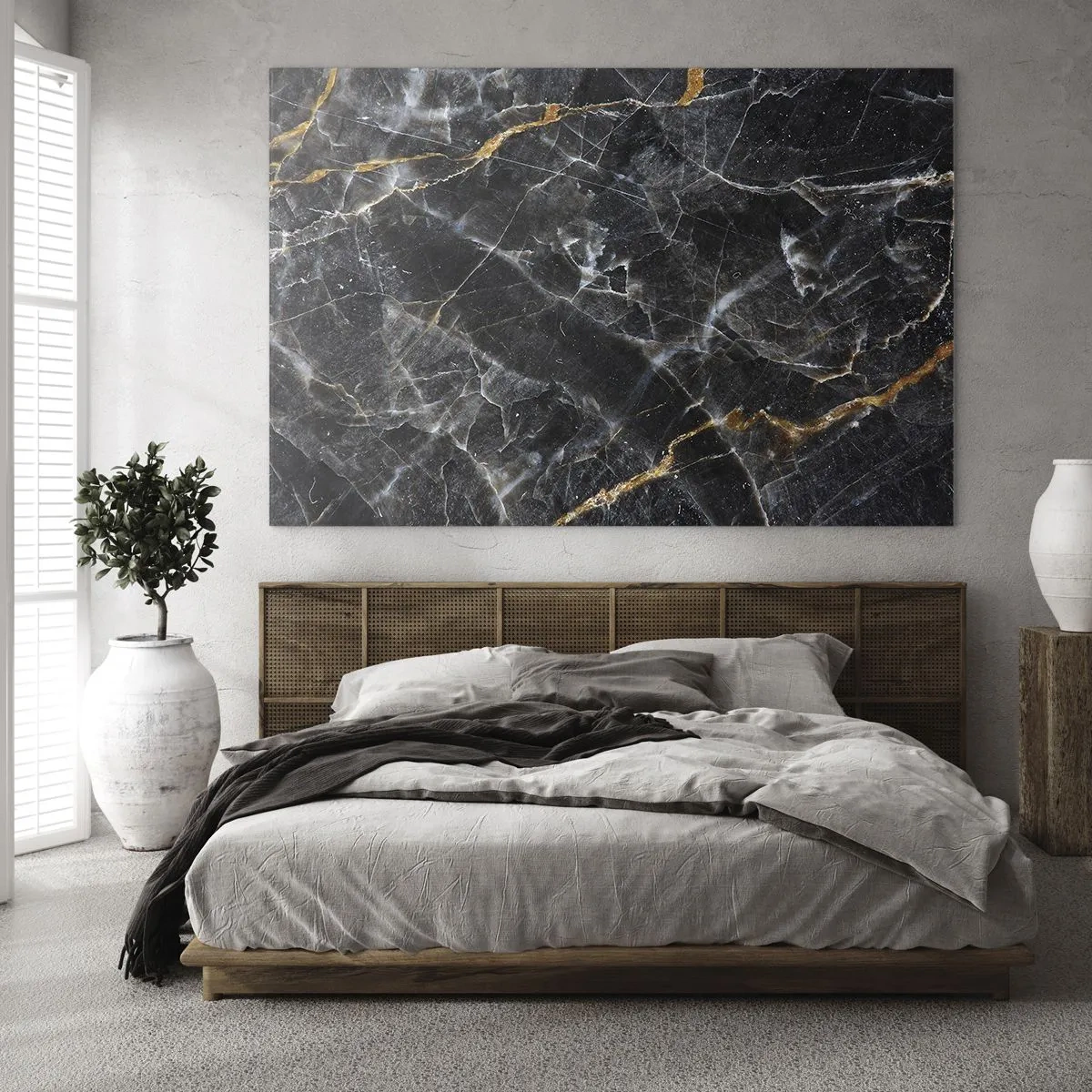 Obraz na skle - Čierno-zlatý mramorový vzor s bielymi žilami - 70x50cm - Vnútorný život kameňa - Moderná nástenná dekorácia do obývacej izby a spálne ARTTOR