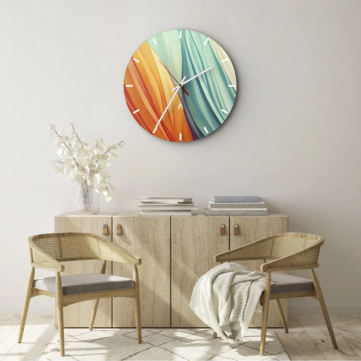 Nástenné hodiny - Farebné vlny v odtieňoch oranžovej, mätovej a ružovej - 30x30cm - Dúhový uzol - Moderná nástenná dekorácia do obývacej izby, kuchyne a spálne ARTTOR