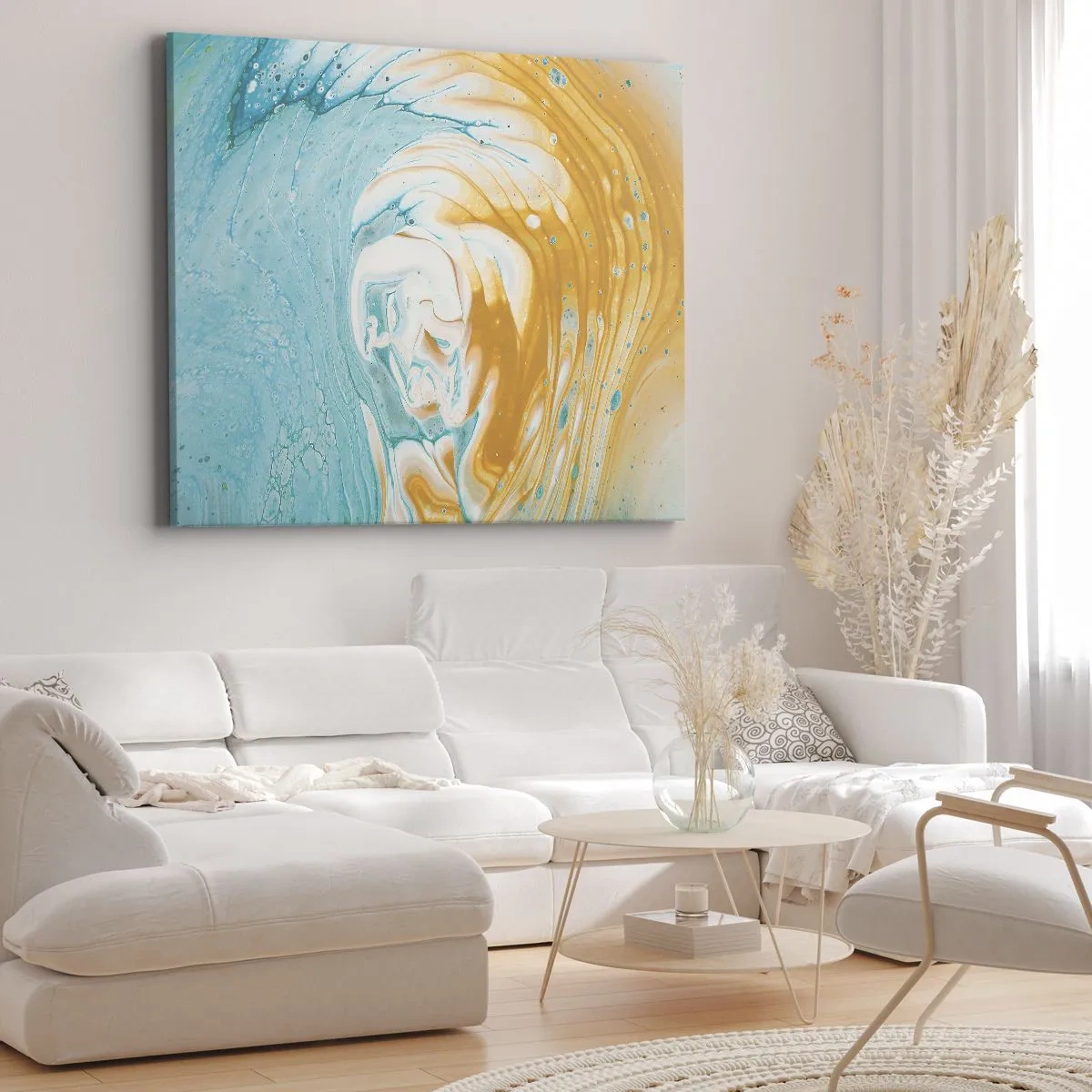 Obraz na plátne - Abstraktné vlny v odtieňoch modrej a zlatej na plátne - 70x50cm - Pastelový vír - Moderná nástenná dekorácia do obývacej izby a spálne ARTTOR