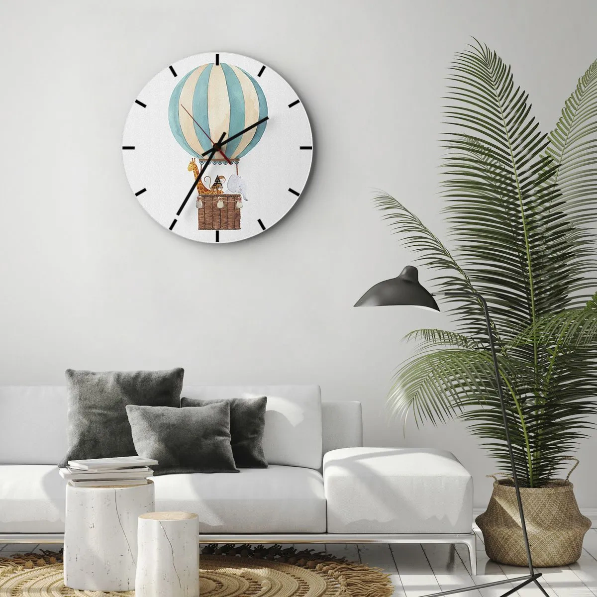 Nástenné hodiny - Balón so žirafou a slonom vznášajúcim sa v oblakoch - 30x30cm - Fantastický výlet - Moderná nástenná dekorácia do obývacej izby, kuchyne a spálne ARTTOR