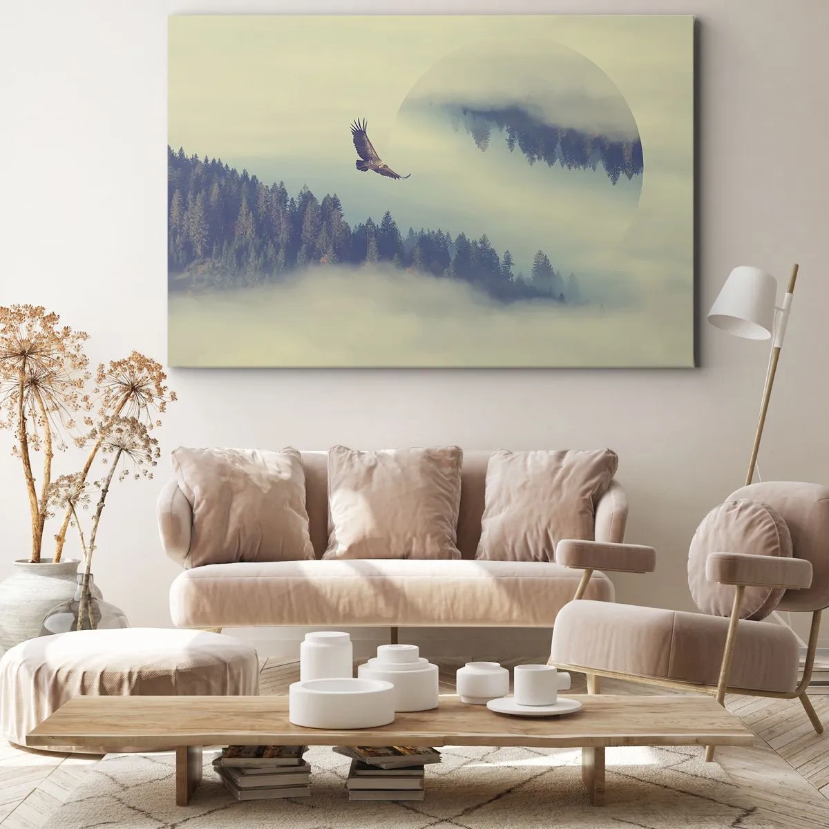 Obraz na plátne - Orol za letu na pozadí hmlistých hôr s umeleckým kruhovým motívom - 70x50cm - Videla som tieň orla - Moderná nástenná dekorácia do obývacej izby a spálne ARTTOR
