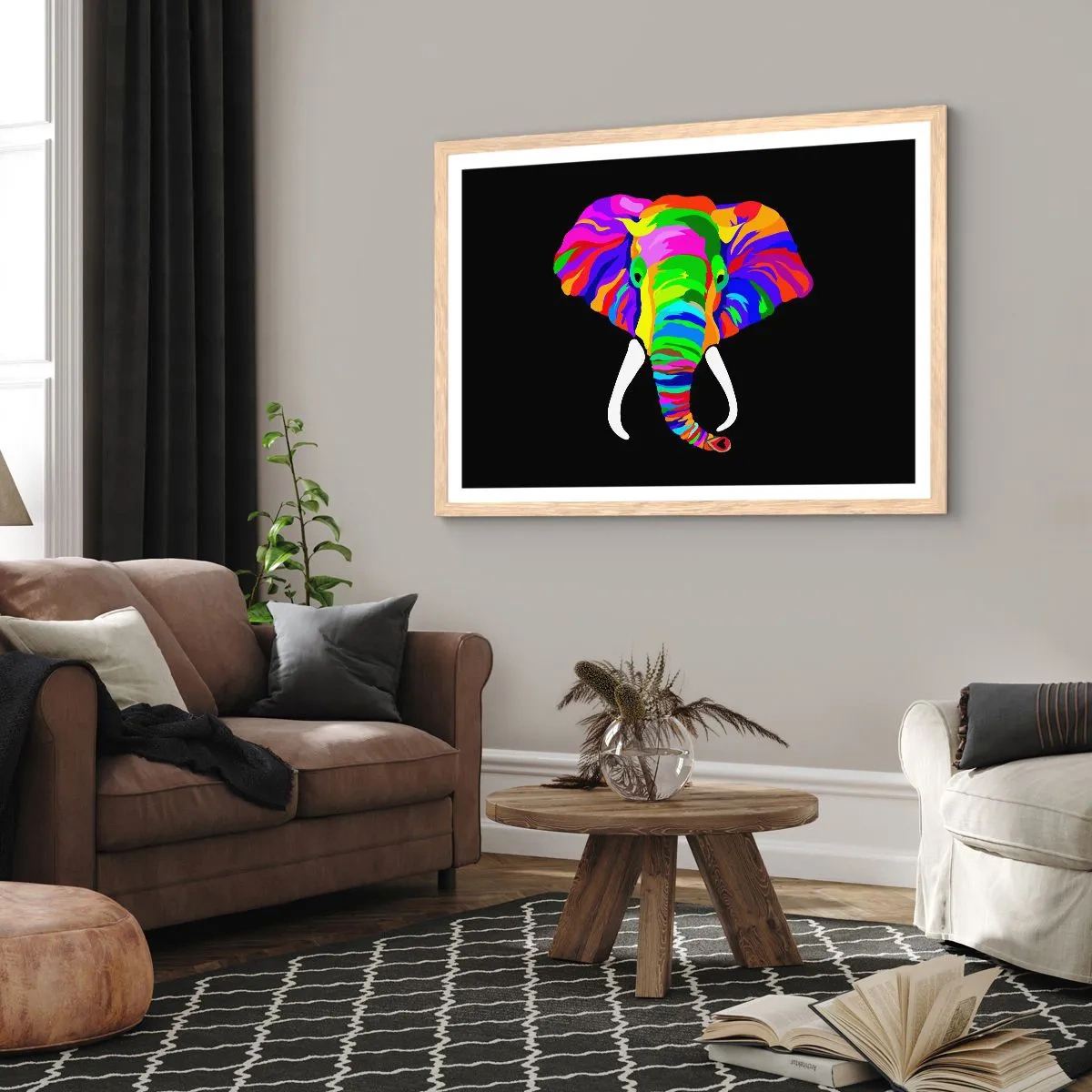 Plagát v ráme zo svetlého duba - Slon, ktorý sa rád kúpal v dúhe - 70x50 cm