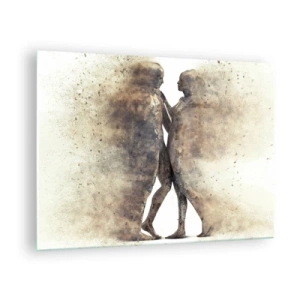 Obraz na skle - Abstraktné siluety dvoch postáv v zaprášenom štýle - 70x50cm - Z prachu povstali, aby milovali - Moderná nástenná dekorácia do obývacej izby a spálne ARTTOR