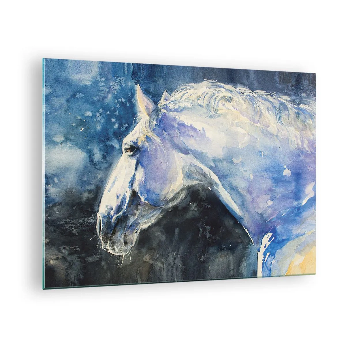 Obraz na skle - Akvarelová portrét koňa v odtieňoch modrej - 70x50cm - Portrét v modrej žiare - Moderná nástenná dekorácia do obývacej izby a spálne ARTTOR