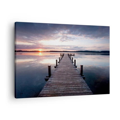 Obraz na plátne - Mólo na jazere pri západe slnka v pokojnej krajine - 70x50cm - Tichá hranica medzi dňom a nocou - Moderná nástenná dekorácia do obývacej izby a spálne ARTTOR