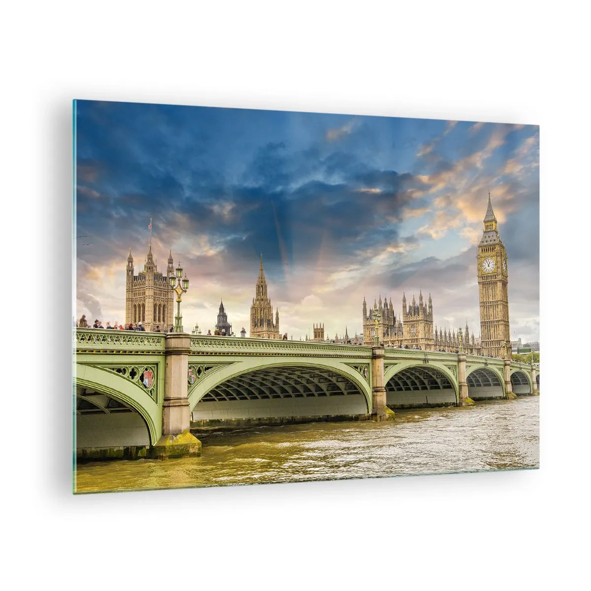 Obraz na skle - Big Ben a Westminsterský most pri západe slnka - 70x50cm - Čas sa zastavil v Impériu - Moderná nástenná dekorácia do obývacej izby a spálne ARTTOR