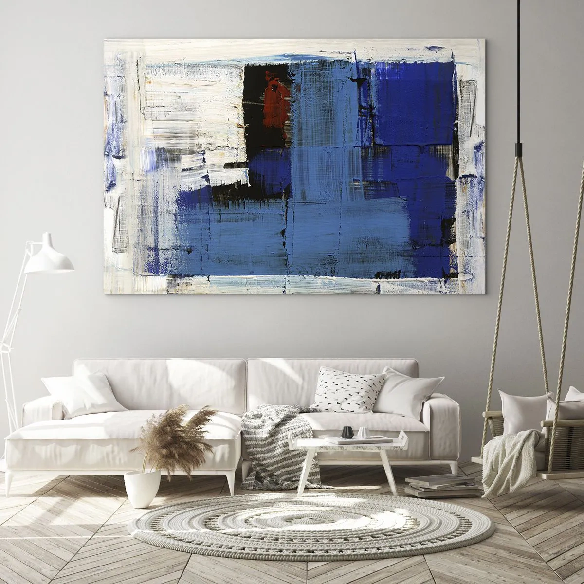 Obraz na skle - Abstraktná kompozícia s dominantnou modrou farbou. - 70x50cm - Tajomstvo modrej - Moderná nástenná dekorácia do obývacej izby a spálne ARTTOR